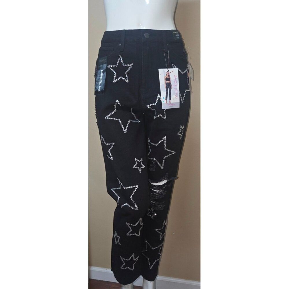 Simple Society Bling Stars Distress Super High Rise Black Jeans Size 7/ 28 NEW